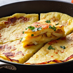 **A close-up shot of a golden-brown Spanish Tortilla (Tortilla Española) being flipped in a non-stick pan. The tortilla has visible layers of potatoes and onions, with a slightly caramelized crust. Focus on capturing the texture and color of the perfectly cooked tortilla.**
