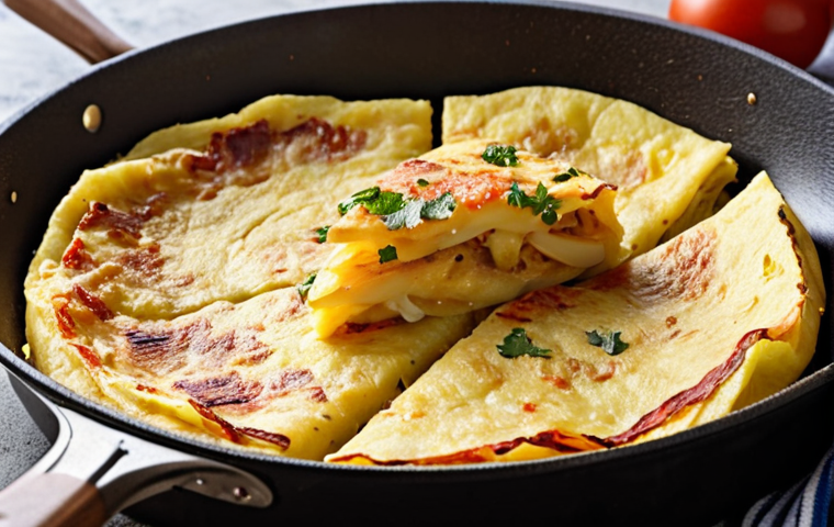 **A close-up shot of a golden-brown Spanish Tortilla (Tortilla Española) being flipped in a non-stick pan. The tortilla has visible layers of potatoes and onions, with a slightly caramelized crust. Focus on capturing the texture and color of the perfectly cooked tortilla.**