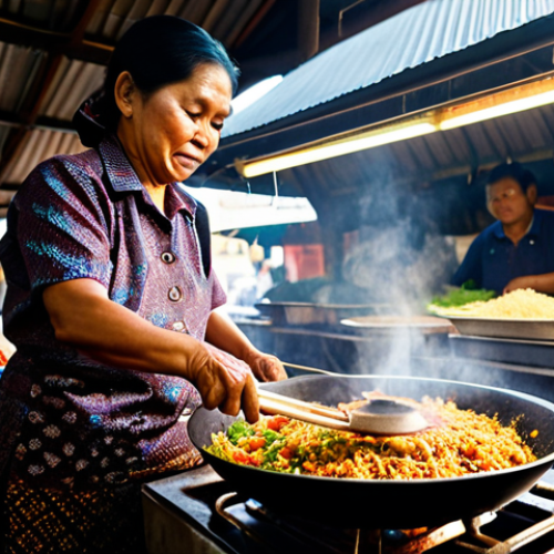 A skilled, professional Indonesian street food vendor, a middle-aged woman, fully clothed in a modest, traditional batik shirt and long skirt, expertly stir-frying Nasi Goreng in a large, steaming wok. Her natural pose shows perfect anatomy, well-formed hands with proper finger count holding a long spatula, and correct proportions. The bustling street food stall in a vibrant Indonesian market forms the background, featuring blurred market activity, colorful fresh vegetables, and warm, aromatic steam rising from the wok. The Nasi Goreng in the wok is a rich reddish-brown, with visible rice grains, plump shrimp, and colorful vegetables. This scene is captured in a professional food photography style with warm, inviting natural light. safe for work, appropriate content, fully clothed, modest, family-friendly, high quality, ultra detailed, cinematic.