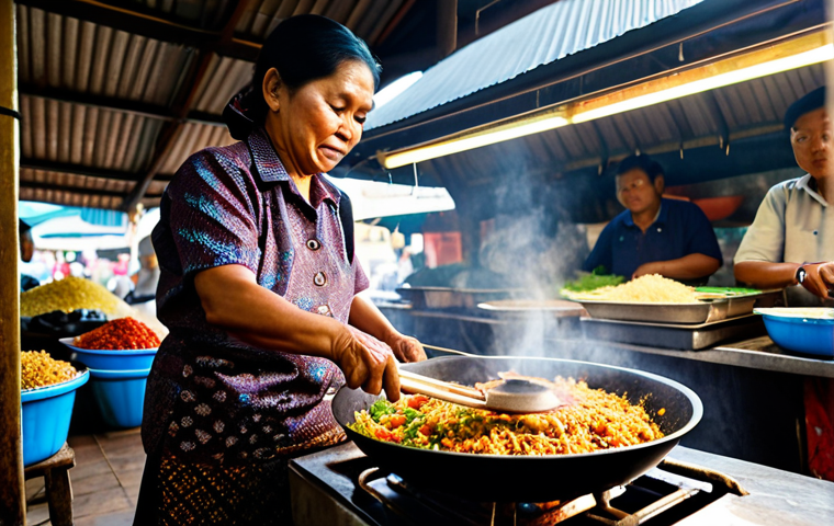 A skilled, professional Indonesian street food vendor, a middle-aged woman, fully clothed in a modest, traditional batik shirt and long skirt, expertly stir-frying Nasi Goreng in a large, steaming wok. Her natural pose shows perfect anatomy, well-formed hands with proper finger count holding a long spatula, and correct proportions. The bustling street food stall in a vibrant Indonesian market forms the background, featuring blurred market activity, colorful fresh vegetables, and warm, aromatic steam rising from the wok. The Nasi Goreng in the wok is a rich reddish-brown, with visible rice grains, plump shrimp, and colorful vegetables. This scene is captured in a professional food photography style with warm, inviting natural light. safe for work, appropriate content, fully clothed, modest, family-friendly, high quality, ultra detailed, cinematic.