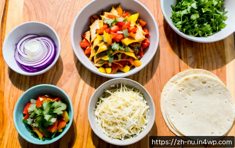 멕시코식 퀘사디아 요리법 - Photorealistic overhead food preparation scene of Mexican-style quesadillas being assembled on a cle...